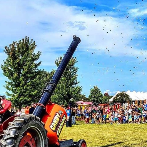 Candy cannon firing candy over a crowd at Goebbert’s Fall Festival